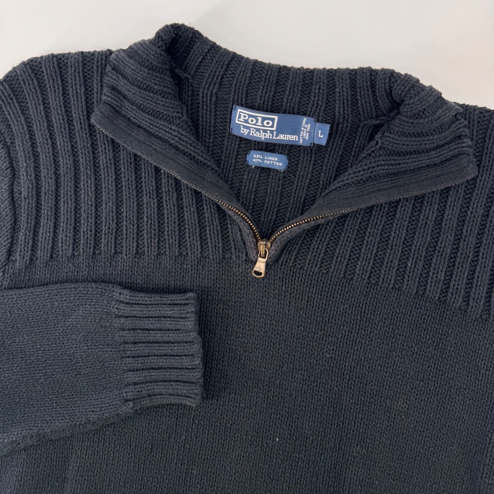 Polo Ralph Lauren Sweater Mens L Black Linen Cotton Ribbed Quarter Zip Pullover